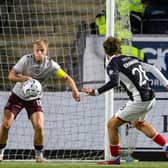  Falkirk's Ben Krauhaus scores to make it 1-0 during a William Hill Premiership match between Falkirk and Heart of Midlothian