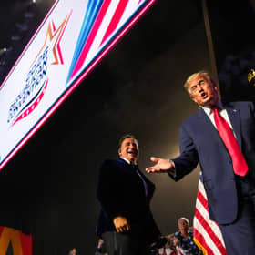 Donald Trump, seen at this month's Republican midterm election convention, said he would 'issue a dividend to every adult citizen in the United States of America for $5,000' if the Republicans win in November (Picture: Andrew Harnik)