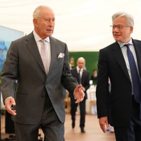 King Charles III walks with Nvidia chief executive Jensen Huang (right) to a meeting for leaders from the artificial intelligence (AI) sector, Government, and thought leaders to discuss how AI can be developed and deployed in ways that benefit society, at Dumfries House in Cumnock, Ayrshire. 