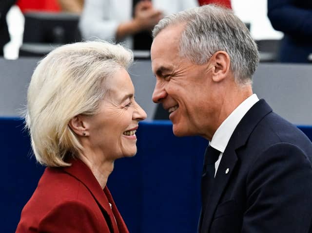 Canadian Prime Minister Mark Carney greets European Commission President Ursula von der Leyen after delivering a speech at the European Parliament (Picture: Jean-Christophe Verhaegen)