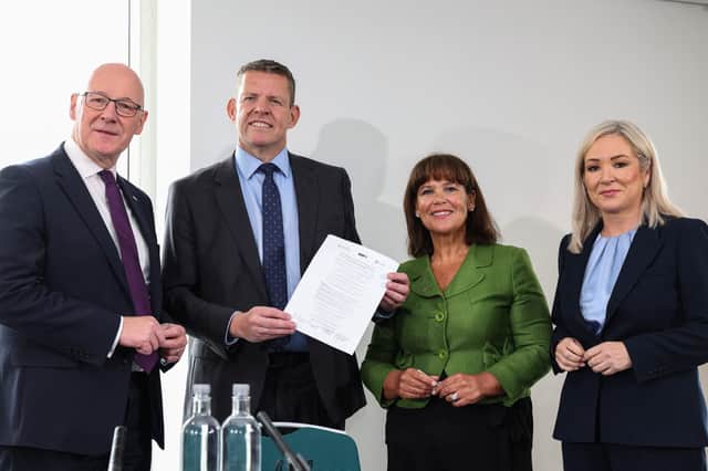 John Swinney, Rhun ap Iorwerth of Plaid Cymru, and Mary Lou McDonald and Michelle O'Neill, of Sinn Fein, pose with a memorandum of understanding signed in Cardiff (Picture: Adrian Dennis)