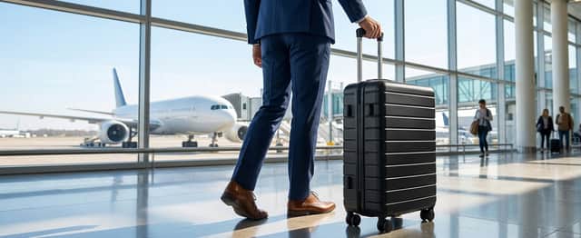 Black 55x40x20cm ABS and PC hard-shell cabin suitcase with four spinner wheels