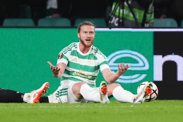 Celtic’s Kasper Hogh reacts after not being given a decision (Andrew Milligan/PA).