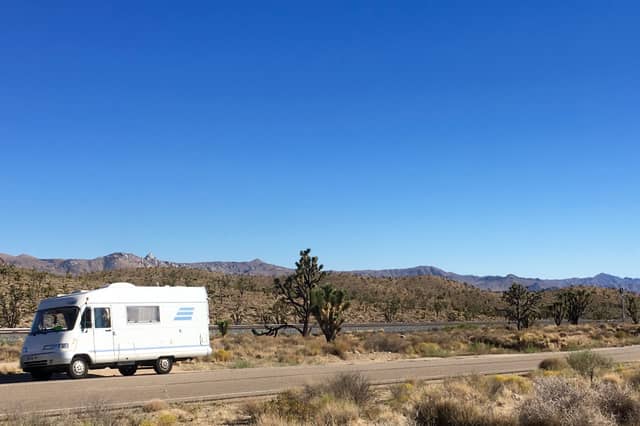 Susan Dalgety's motorhome pictured while driving through the Mojave desert in search of Joshua trees