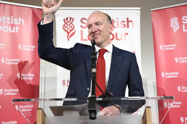 Michael Marra celebrates after being named as the new Scottish Labour leader