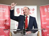 Michael Marra celebrates after being named as the new Scottish Labour leader