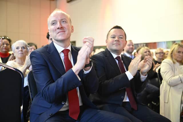 Michael Marra (left) and Joe Fagan wait for the announcement of the new Scottish Labour leader (Lesley Martin/PA)