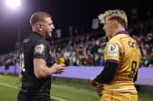 Finn Russell of Bath Rugby interacts with Henry Pollock of Northampton Saints following the Investec Champions Cup match between Bath Rugby and Northampton Saints (Pic: Getty)