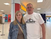 Passengers Barbara Ann Stoddart and Andrew Lithgow, who were due to fly to London Heathrow and on to Las Vegas to be married - before their flight to London was cancelled, speaking at Glasgow Airport.