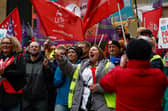 Lecturers and other staff attend a rally in Glasgow during strike action by the University and College Union in September 2023