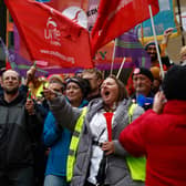 Lecturers and other staff attend a rally in Glasgow during strike action by the University and College Union in September 2023