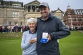 Claire Dowling with caddie Dillon McCarron, who successfully returned the ball to her at the traditional driving-in ceremony