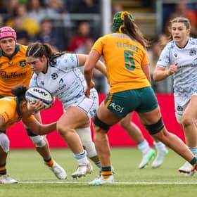 Scotland's Elliann Clarke on the attack during the WXV Global Series match against Australia at Hive Stadium.