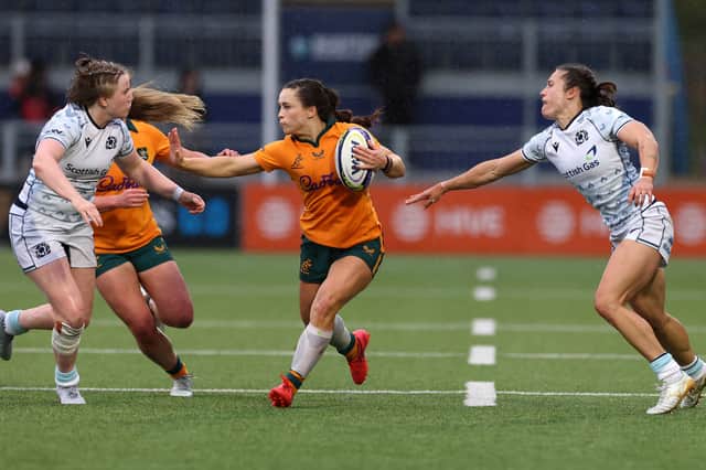 Desiree Miller of Australia breaks with the ball during the WXV Global Series match against Scotland at Hive Stadium in Edinburgh on September 26, 2026.