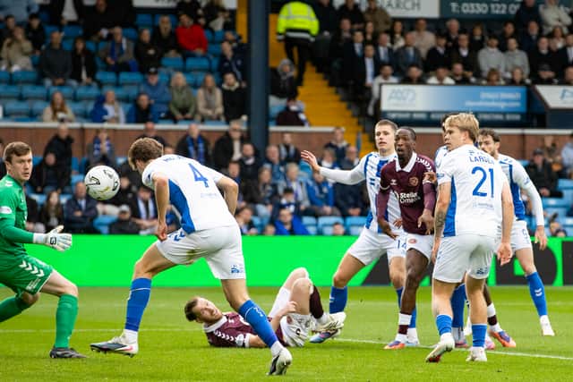 Hearts' Laurent Mendy forces the own goal from Kilmarnock's Cathal McCarthy but it's ruled out as he is judged to have handled the ball. (Photo by Alan Harvey / SNS Group)