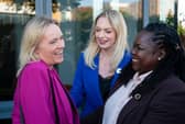 Bethany Hutchison, centre, and Jennifer Melle outside the employment tribunal case in Dundee with Fife nurse Sandie Peggie, left, who is taking action against the Royal College of Nursing (RCN) union in a dispute over her gender critical beliefs
