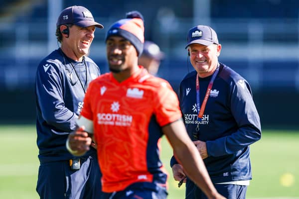 Edinburgh attach coach Tim Sampson, left, and head coach Sean Everitt, right, with winger Mal Satala.