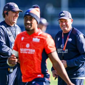 Edinburgh attach coach Tim Sampson, left, and head coach Sean Everitt, right, with winger Mal Satala.