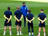 Scotland head coach Sebastien Pocognoli addresses his players during a training session at Hampden on Monday.  (Photo by Craig Foy / SNS Group)