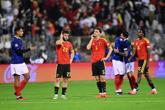 Belgium's Nicolas Raskin and Maxim De Cuyper after the 1-0 defeat by France.