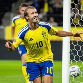 Celtic's Benjamin Nygren celebrates after opening the scoring for Sweden in their 3-1 win over Poland in Solna. (Photo by Michael Campanella/Getty Images)