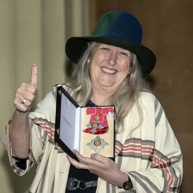 British historian and broadcaster Mary Beard after she was appointed a Dame Commander of the Order of the British Empire at Buckingham Palace in  2018, for services to the Study of Classical Civilisation.