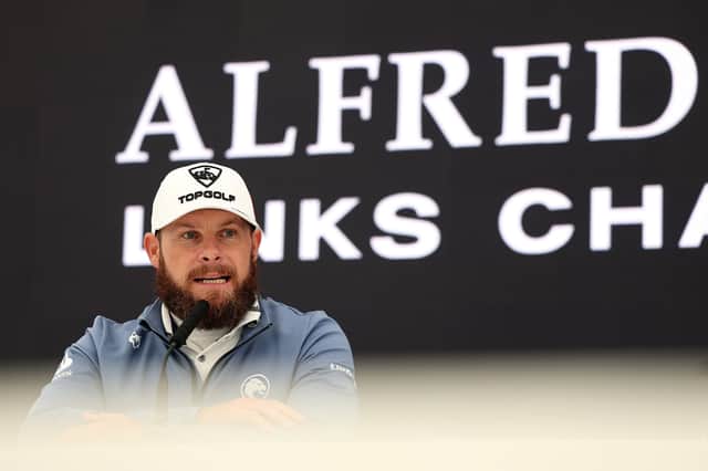 Record three-time winner Tyrrell Hatton speaks to the media during a press conference prior to the Alfred Dunhill Links Championship at St Andrews