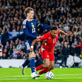 Scotland's Jack Hendry fouls Switzerland's Dan Ndoye which results in a red card and free kick.  (Photo by Paul Devlin / SNS Group)