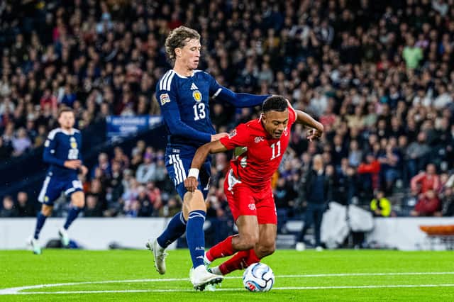 Scotland's Jack Hendry fouls Switzerland's Dan Ndoye which results in a red card and free kick. (Photo by Paul Devlin / SNS Group)