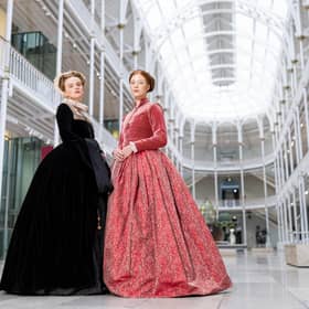 Two models wear replica dresses similar to those thought to have been worn by Mary Queen of Scots, ahead of the opening of a new exhibition, Mary, Queen of Scots: Renaissance and Resistance, at the National Museum of Scotland next June (Picture: Duncan McGlynn)