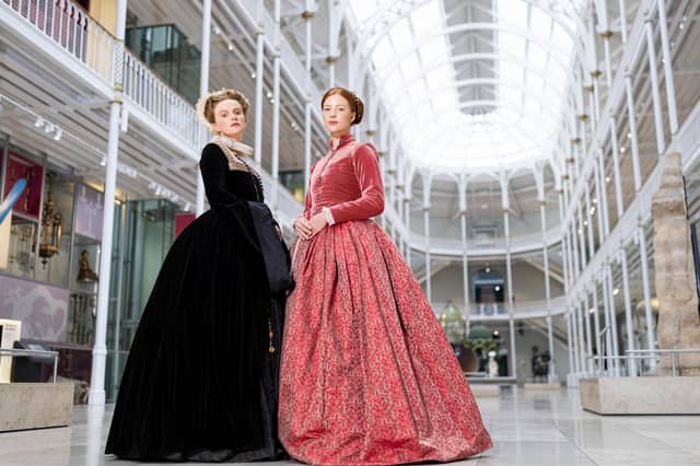 Two models wear replica dresses similar to those thought to have been worn by Mary Queen of Scots, ahead of the opening of a new exhibition, Mary, Queen of Scots: Renaissance and Resistance, at the National Museum of Scotland next June (Picture: Duncan McGlynn)