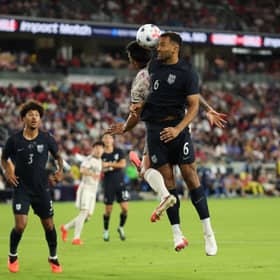 Auston Trusty of United States heads the ball against Diego Ulloa of Chile during the international friendly at Energizer Park on September 29, 2026 in St Louis, Missouri.  (Photo by Jamie Squire/Getty Images)