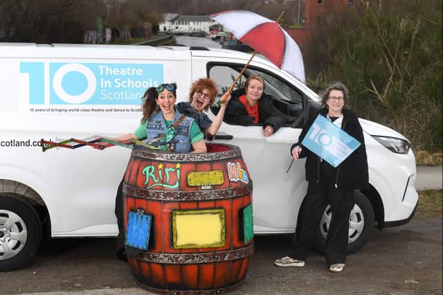 Two in a Barrel performers Ruxy Cantir and Sarah Rose Graber at the launch of the Theatre in Schools Scotland (TiSS) tenth anniversary programme, with Jackie Wylie of the National Theatre of Scotland and Belinda McElhinney of Imaginate