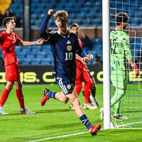 James Wilson celebrates Scotland Under-21’s third goal in the European Championship qualifier against Azerbaijan at Rugby Park, Kilmarnock. Cr: SNS Group.