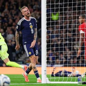 Scotland striker Oli McBurnie looks dejected during the 3-0 defeat by Switzerland at Hampden on Tuesday.  (Photo by Craig Williamson / SNS Group)