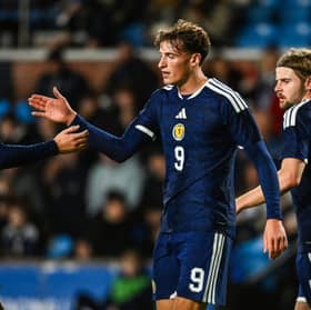 Scotland Under-21 striker Barney Stewart has set his sights on senior call-up after bagging brace against Azerbaijan on Wednesday night. Cr: SNS Group.