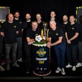 Lee Miller, David Clarkson, Cillian Sheridan, Gary Harkins, Tom Boyd, Gerry Britton, Christophe Berra, Ian Durrant, Richard Tait, Scott Allan and Hugh Murray (L-R) with the Tennent's Sixes Trophy during a media event to promote the upcoming tournament at Braehead Arena