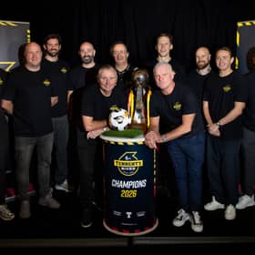 Lee Miller, David Clarkson, Cillian Sheridan, Gary Harkins, Tom Boyd, Gerry Britton, Christophe Berra, Ian Durrant, Richard Tait, Scott Allan and Hugh Murray (L-R) with the Tennent's Sixes Trophy during a media event to promote the upcoming tournament at Braehead Arena