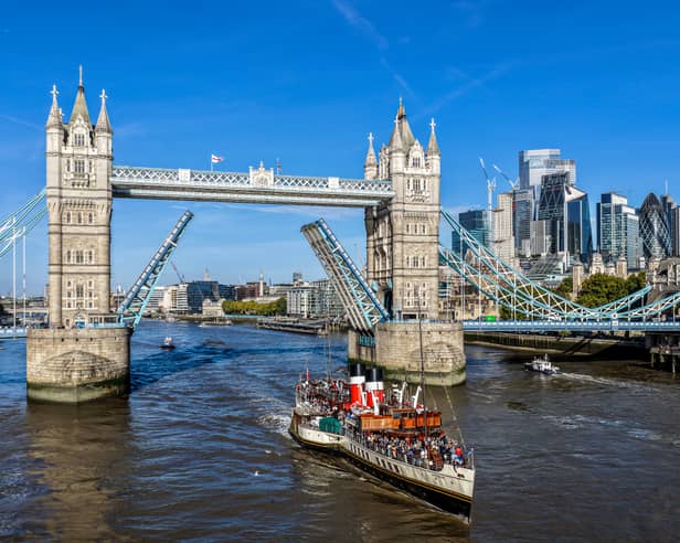 The Waverley steams through London's Tower Bridge on her special anniversary sailing. Picture: Waverley Excursions