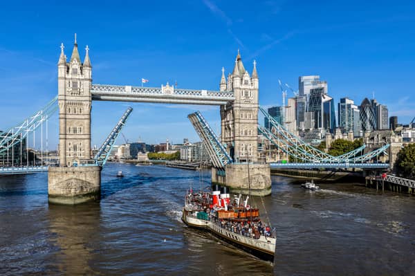 The Waverley steams through London's Tower Bridge on her special anniversary sailing. Picture: Waverley Excursions