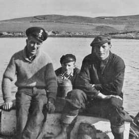 Members of the Vita crew Ingvald Johansen, Åge Sandvik, and 'Tromso' Hermansen at Lunna in 1941. Picture: Scalloway Museum