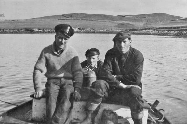 Members of the Vita crew Ingvald Johansen, Åge Sandvik, and 'Tromso' Hermansen at Lunna in 1941. Picture: Scalloway Museum