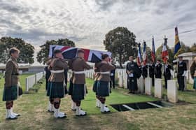 Soldiers with the Argyll and Sutherland Highlanders carry the coffin of World War One fighter Private George Brock, of Dunipace, West Falkirk, at his funeral service in France on Friday, which was held some 108 years after he was killed in action on the Western Front