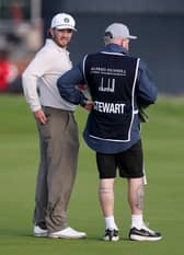 Michael Stewart and his caddie Stewart Muir interact during the Alfred Dunhill Links Championship 