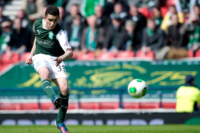 Alex Harris scores for Hibs against Falkirk in a 2013 Scottish Cup semi-final.