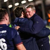 Edinburgh head coach Sean Everitt celebrates at full time after the win over the  DHL Stormers in the United Rugby Championship at Hive Stadium.