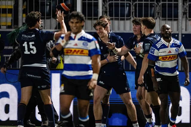 Edinburgh's Rory McHaffie celebrates after scoring the match-winning try in the United Rugby Championship match against DHL Stormers at Hive Stadium.