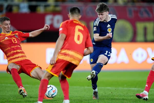 Scotland's Ben Gannon-Doak (right) has a shot at goal during the 2-0 win over North Macedonia at the National Arena Todor Proeski in Skopje.
