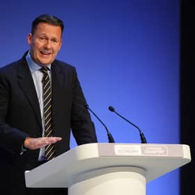 Scottish Conservative leader Russell Findlay speaking during the Conservative Party conference at Symphony Hall, Birmingham