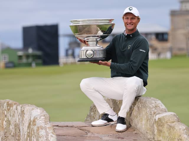 Adrian Meronk shows off the trophy after becoming the first Pole to win at St Andrews in the 25th edition of the Alfred Dunhill Links Championship
